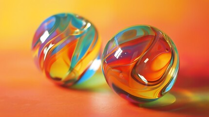 Two brightly coloured glass marbles on colored background