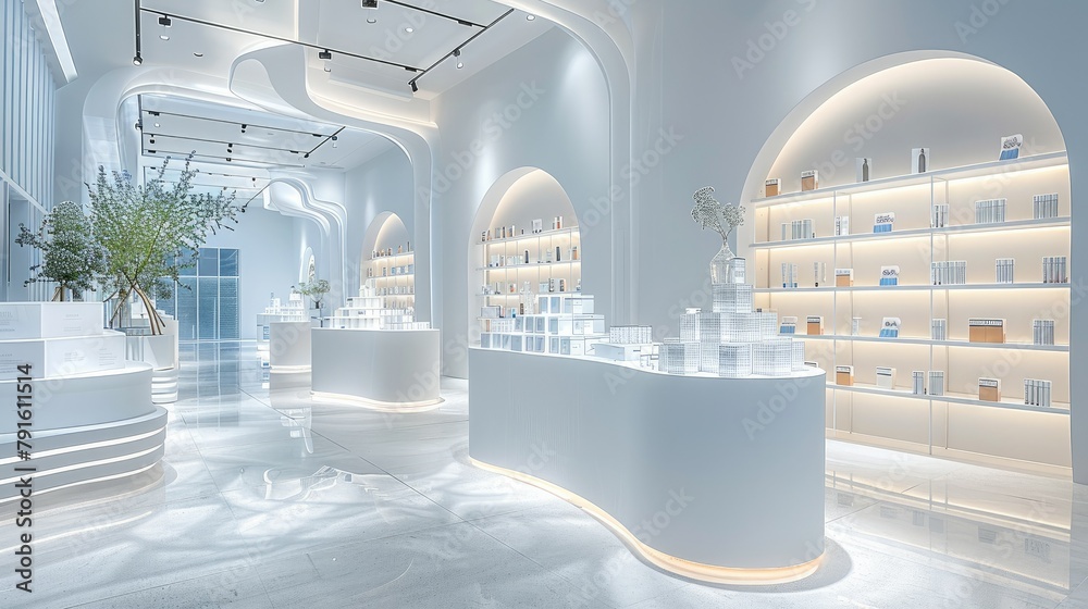 Poster concept store, front view, curved white space, product display stand with acrylic cubes placed on it