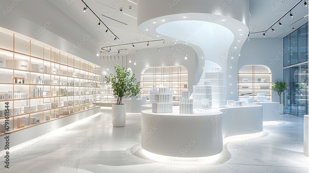 Poster concept store, front view, curved white space, product display stand with acrylic cubes placed on it