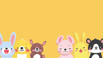 Various cartoon animals, including a dog, cat, rabbit, and bear, standing in a row next to each other