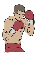 A male athlete boxer in gloves is training. One line drawing. Continuous line without break.