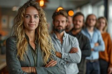 Fototapeta premium A self-assured businesswoman confidently stands with her arms crossed and colleagues in the background