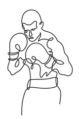 A male athlete boxer in gloves is training. One line drawing. Continuous line without break.