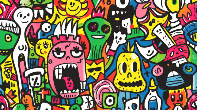 A varied collection of monsters with different sizes, shapes, and colors standing together in a group