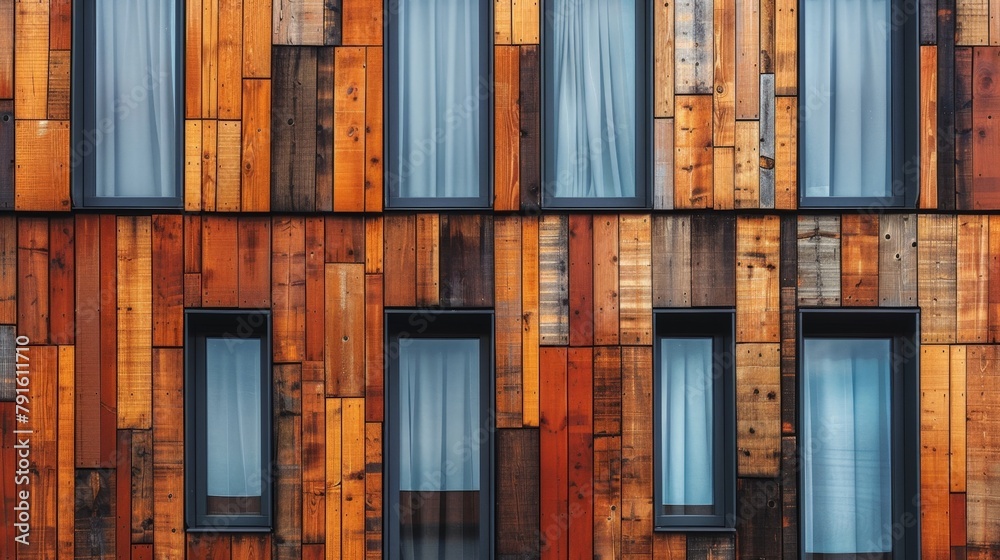 Sticker Building facade with windows and wooden wall