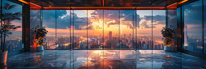 Urban Skyscraper at Sunset, Modern Architecture in Cityscape with Reflective Glass Windows, Empty Interior