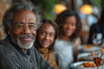 Obraz premium An elderly man smiles at the camera with his family at a restaurant, depicting a joyful multi-generational gathering