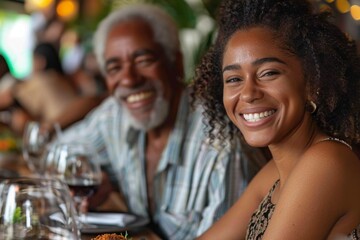 A young African woman shares a smile with an older man during dinner, showcasing a joyful family moment