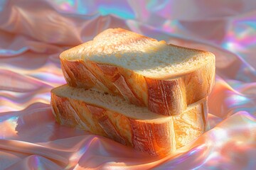 Warmly toasted bread slices atop a shimmering holographic fabric giving a surreal breakfast vibe