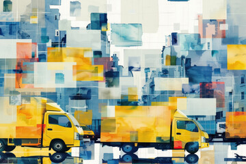 A painting featuring two yellow trucks parked side by side, showcasing their vibrant color and design