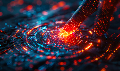 Professional trader/banker securely logging into financial account via biometric fingerprint 2FA authentication, futuristic cybersecurity wide banner