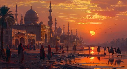 sunset over the mosque of the grand palace of the city of the most famous landmark in the evening - obrazy, fototapety, plakaty