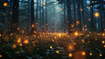 A fireflies at forest. Generative AI.