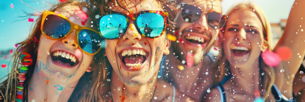 A group of joyful young women wearing sunglasses, surrounded by falling confetti