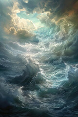Obraz premium A painting showcasing a large body of water with waves crashing against the shore under a cloudy sky