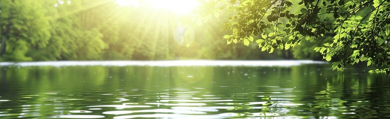 Blurred Background of Water and Green Trees with Sunlight Reflection: Abstract Nature Banner for Summer or Spring - obrazy, fototapety, plakaty