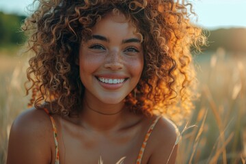 Portrait of a beautiful young woman with curly hair and freckles smiling in golden hour light