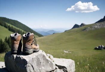 Worn hiking boots on a rocky outcrop overlooking a grassy meadow with mountains in the background