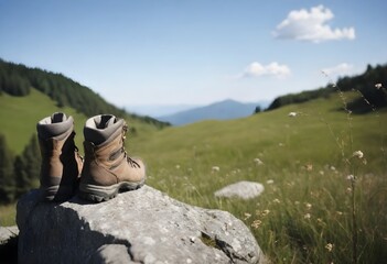 Worn hiking boots on a rocky outcrop overlooking a grassy meadow with mountains in the background