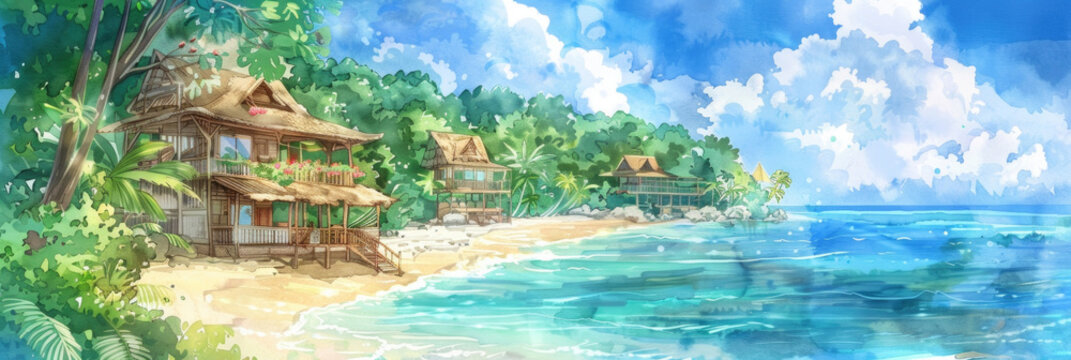 A painting depicting a tropical beach with a hut, surrounded by palm trees and crystal-clear water under a blue sky