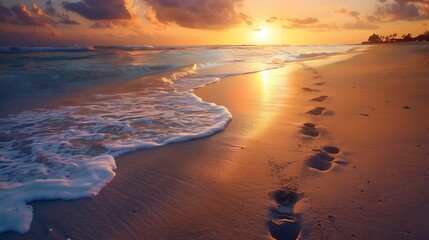 Beautiful sunrise at the ocean footprints on the sand