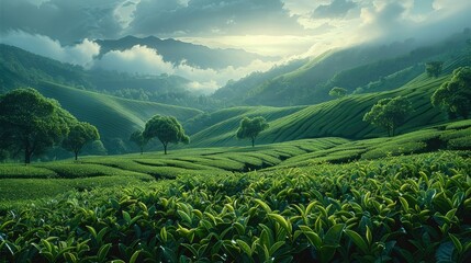 The green tea plantation in the hills with soft lighting. Generative AI. - obrazy, fototapety, plakaty