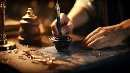 Fototapeta na wymiar A close-up of a fountain pen being dipped into an inkwell, capturing the timeless ritual of writing by hand