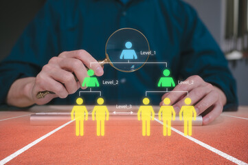 team management for success in business plan Strategic Hiring HR Manager Recruit Team Leader, multi exposure businessman holding magnifying glass and running track with staff chart