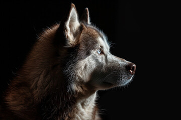 A captivating portrait of a Husky, brought to life with a palette of earthy brown tones, set against a striking black backdrop.