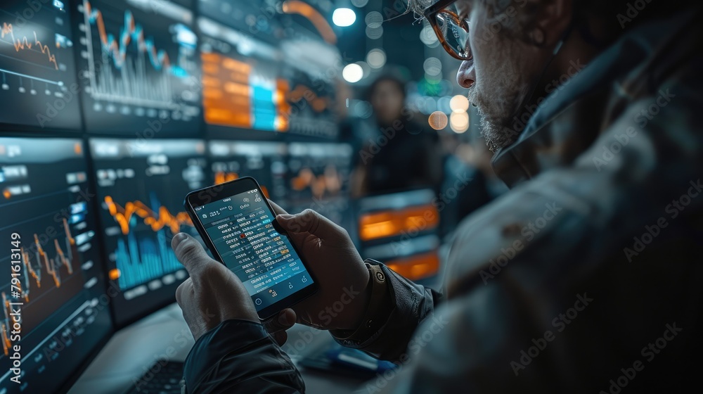 Poster a person using a smartphone app to control his investments accounts and money flow to control his en
