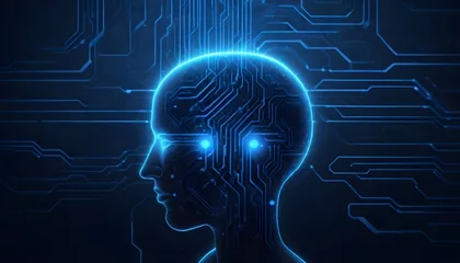 Foto op Canvas A digital illustration depicting a human head silhouette inside a glowing blue circuit board with various electronic components and connections, representing the concept of artificial intelligence wit © bahija