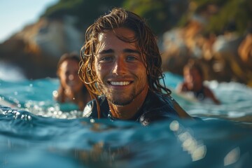 A joyous male surfer smiling during a sunset session, with sunlight reflecting on the water and his wet hair