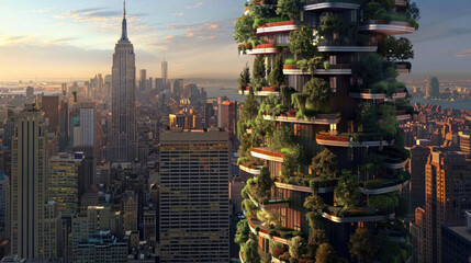 A tall building in the city adorned with a multitude of thriving trees growing on its rooftop, blending concrete with nature