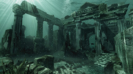 A sunken, deteriorating building rests on the ocean floor in this eerie underwater scene