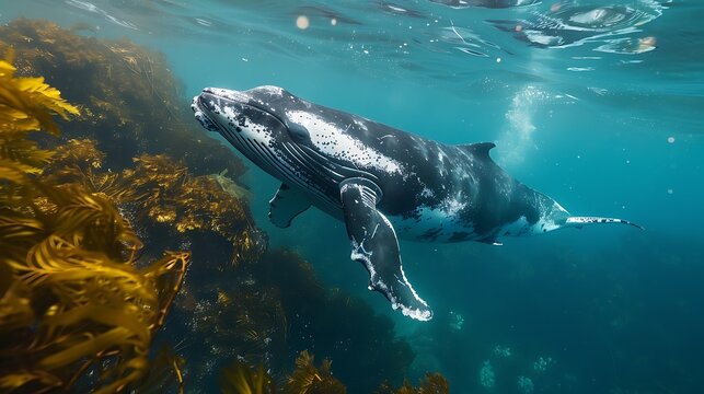 Underwater image of a humpback whale swimming gracefully through a kelp forest.