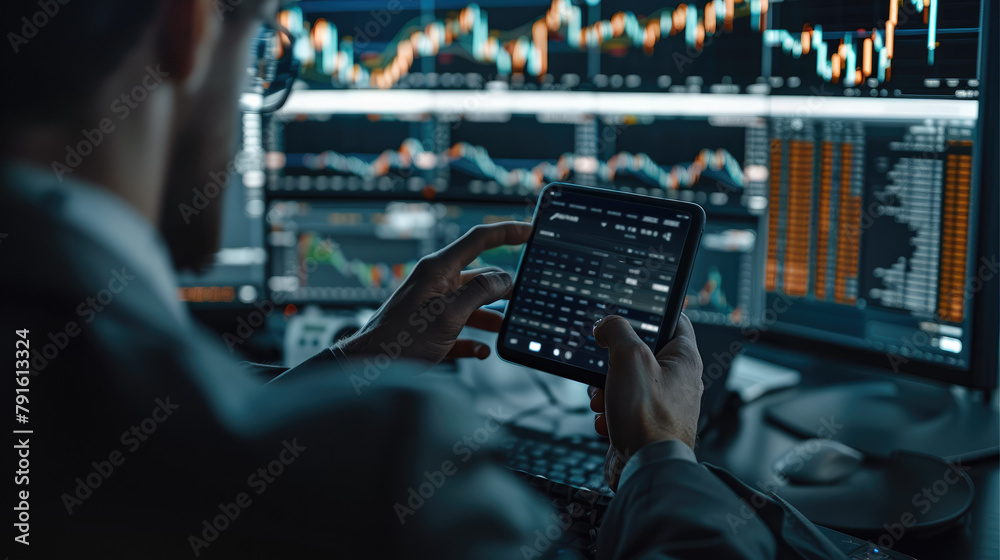 Aufkleber a person using a smartphone app to control his investments accounts and money flow to control his en