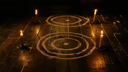 Several candles arranged neatly on a wooden floor, creating a warm and inviting atmosphere - obrazy, fototapety, plakaty