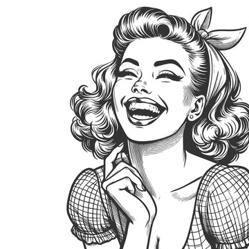 woman laughing heartily, her head thrown back in a moment of pure joy and infectious mirth sketch engraving generative ai fictional character raster illustration. Black and white image.