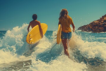 Two surfers, one male and one female, run toward the ocean waves, holding their surfboards, ready to catch some surf