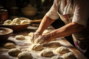Elderly Woman Kneading Dough on Table. AI generated