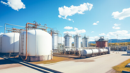 Obraz premium Oil and gas terminal storage tank farm. Tank farm storage chemical petroleum petrochemical refinery product.