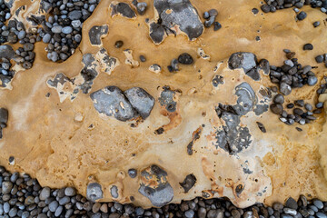 Rocky La Manche seashore close-up. Pebble and rocks beach in Etretat background. 