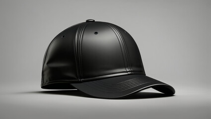 A black baseball cap is sitting at a slight angle on a pale gray surface.

