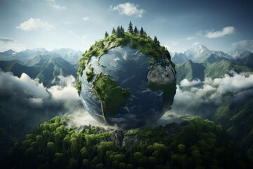 Earth day concept. 3d model of earth with trees and green plants