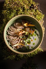 Delectable dumplings in a creamy broth, adorned with herbs, creating a symphony of flavors. A...