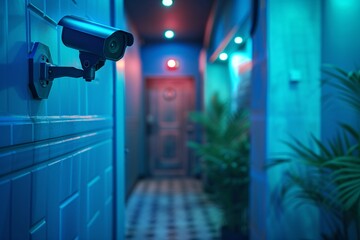 A security camera oversees a dimly lit, blue corridor with a glowing exit sign