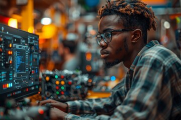 An African American DJ in focus as he attentively mixes music on a sound mixer in a vibrant nightclub setting, surrounded by colorful lights