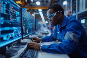 An African-American professional intensely focused, using multiple screen setups in a modern office