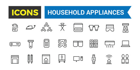 Household Appliances And Home Icons Set, Set Of Refrigerator, Freezer, Washing Machine, Dishwasher, Cooker, Hob, Gas Stove, Kitchen Hood, Coffee Machine Vector Icons, Vector Illustration