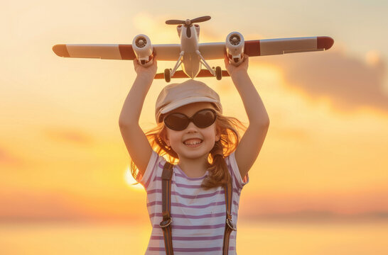 A happy child girl in striped Tshirt and pilot's cap holds up an airplane toy against the background of sunset sky, happy laughing kid playing with wooden plane at summer evening